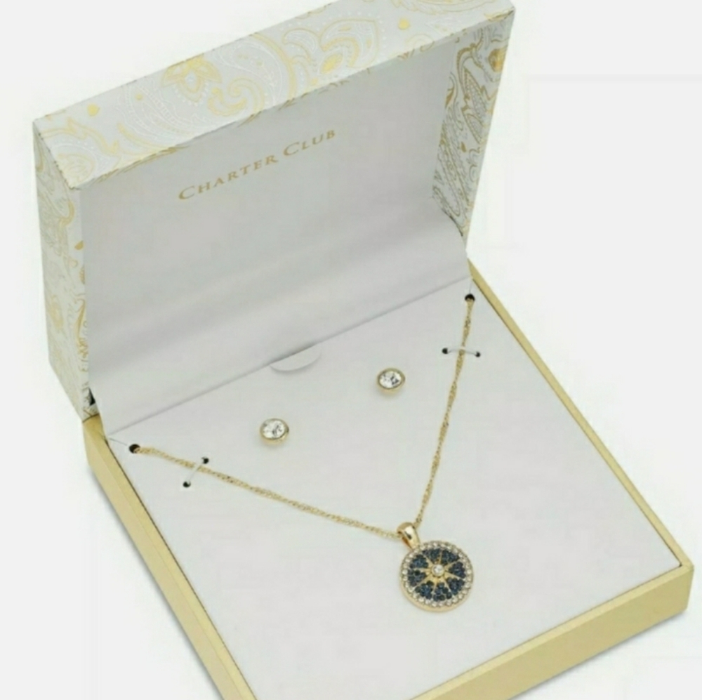 CHARTER CLUB Gold Pave Nautical Necklace & Stud Earrings Set